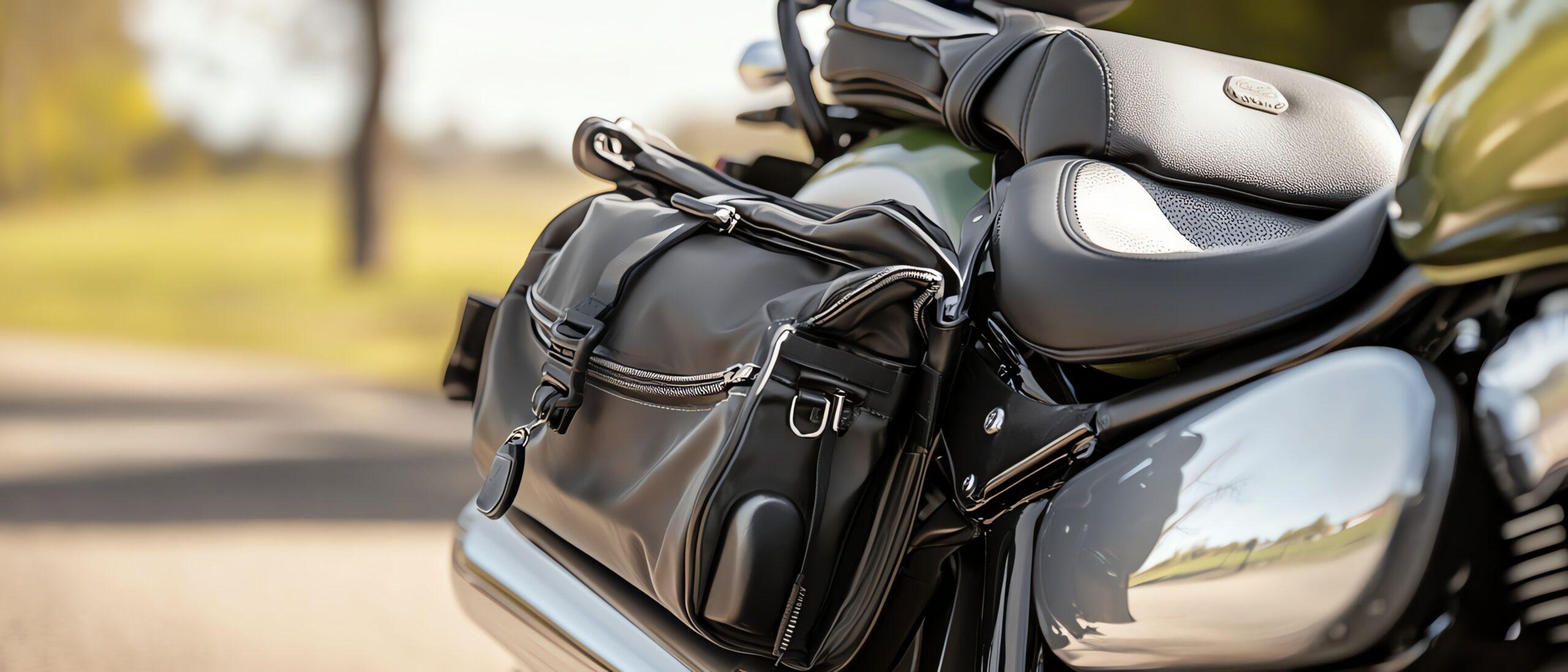 Satteltasche aus schwarzem Kunstleder an einem Motorrad, seitlich montiert