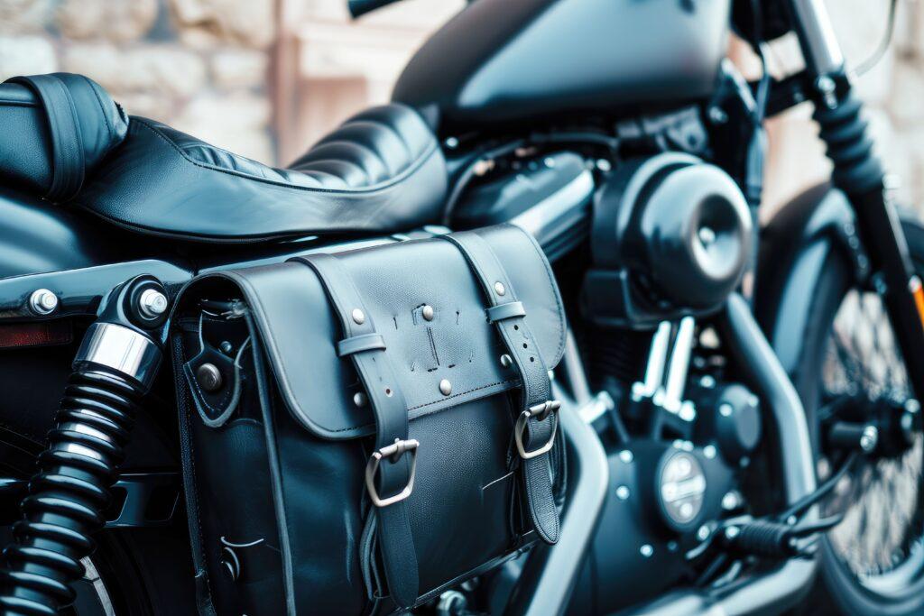 Satteltasche aus Leder an einem schwarzen Motorrad