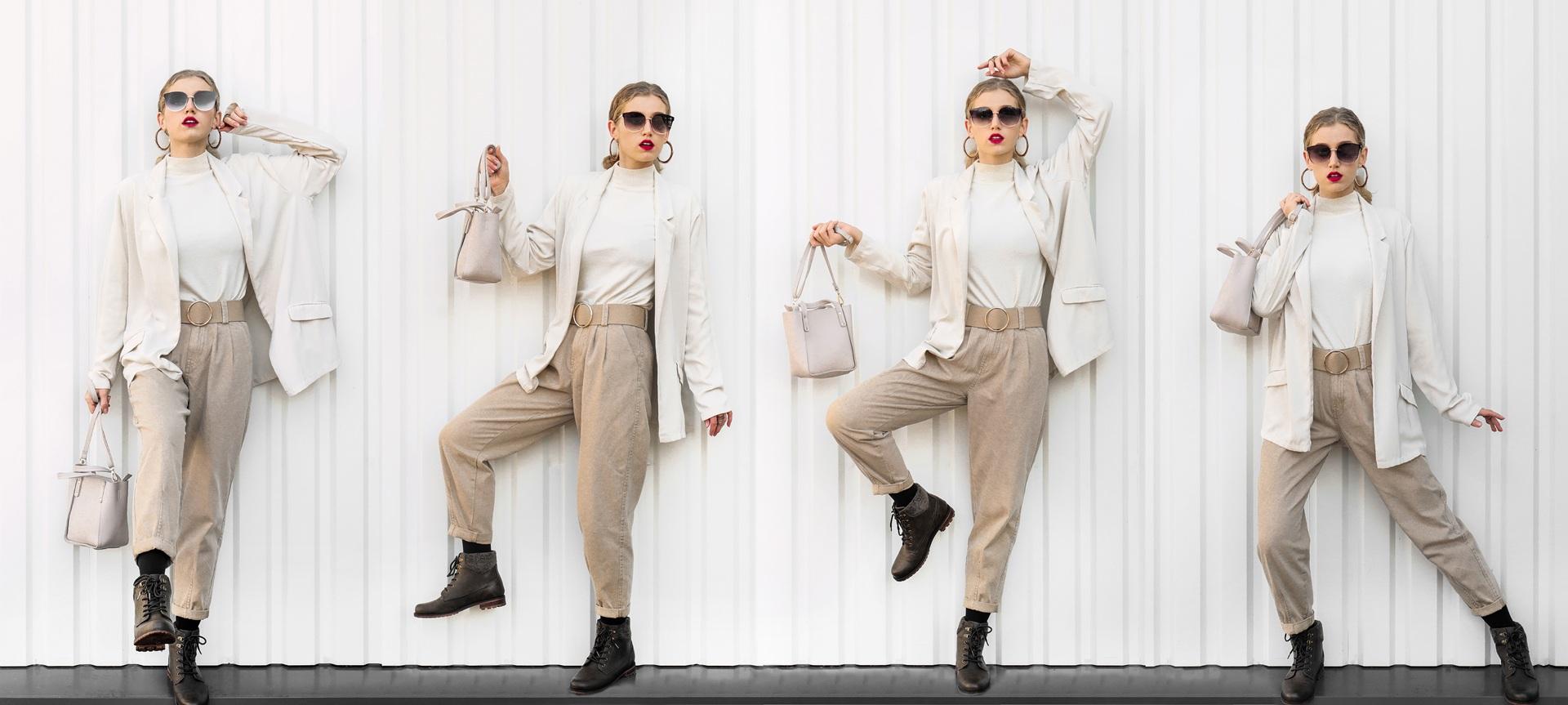 Frau zeigt verschiedene Posen im modernen Casual-Look | Musselin Kleidung